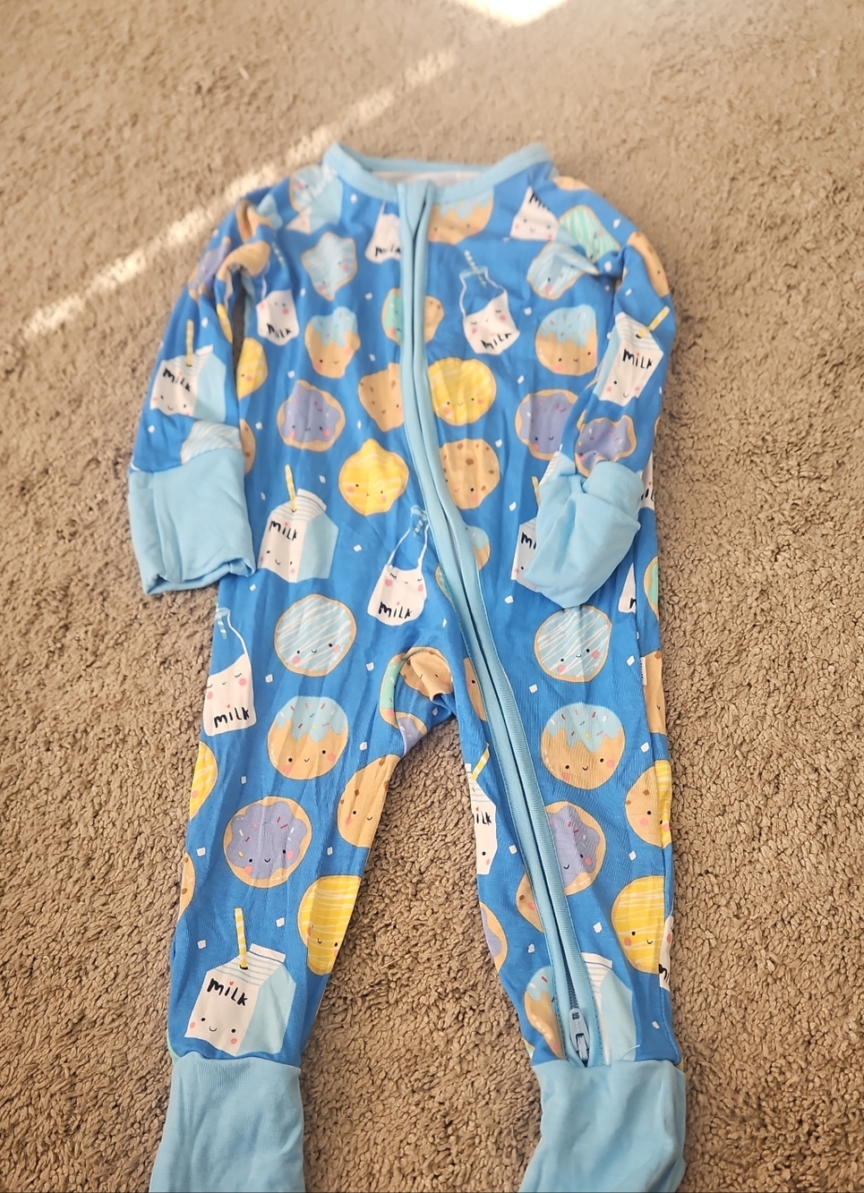 Blue Kids One-Piece Footed Pajama with Cute Milk & Planet Print Little Sleepies